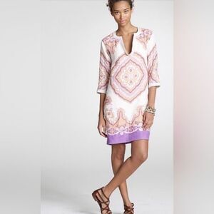 J. Crew Bazaar Linen Dress Sz 0 Sleeves Boho Shift Purple Cream Midi Dress Tunic